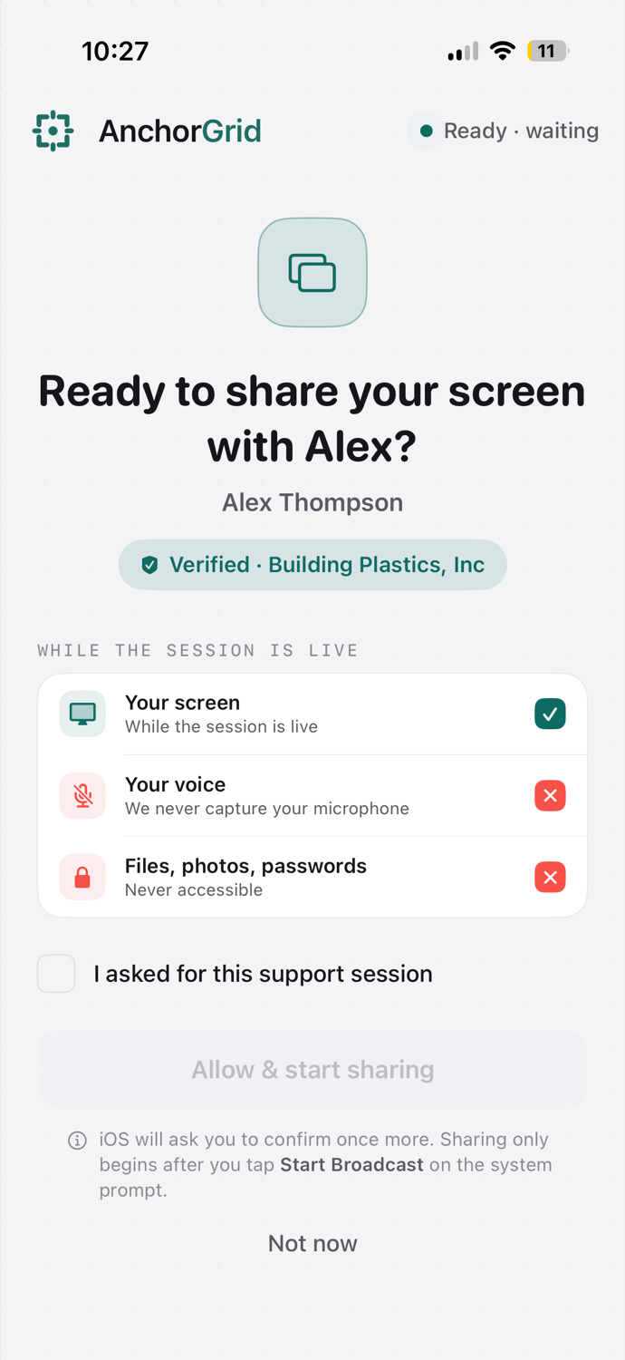 AnchorGrid consent screen naming the verified technician and listing what the session can access.