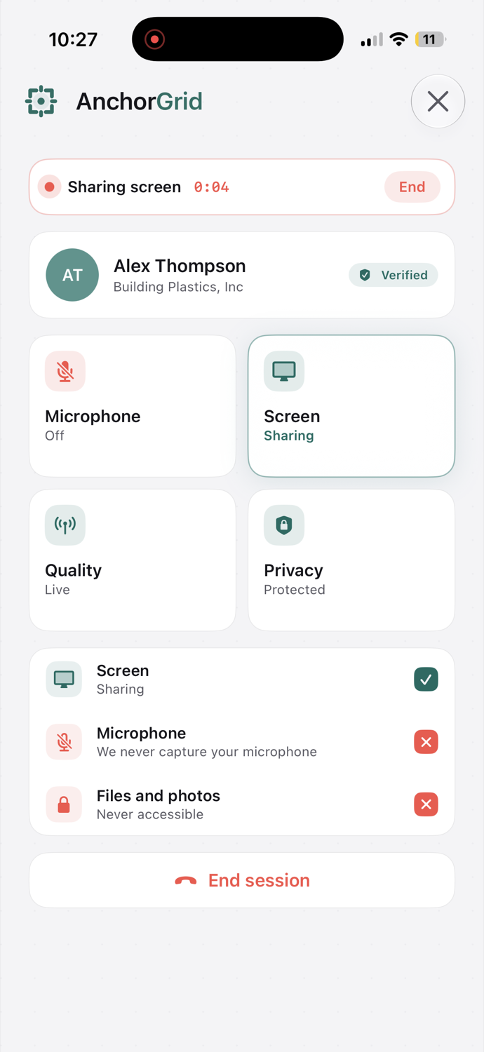 AnchorGrid during a live session: a 'Sharing screen' banner with an End button, the verified technician, and a live list showing microphone off and files never accessible.