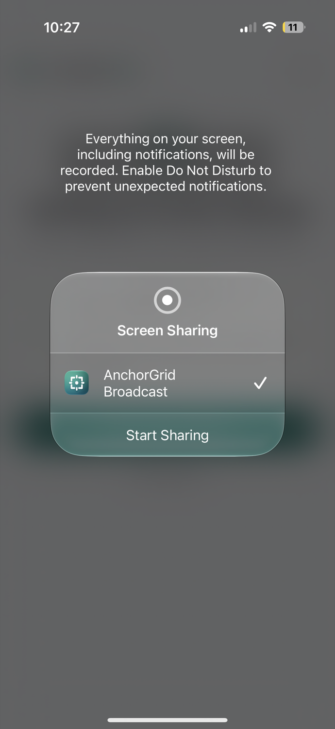 The iOS system Screen Sharing prompt with a Start Sharing button.